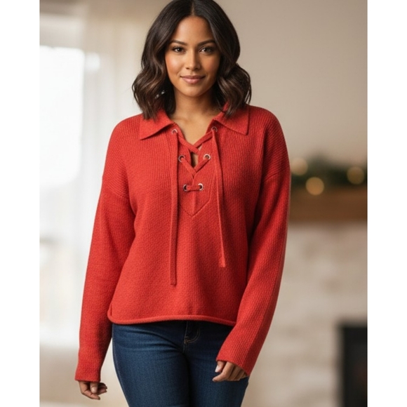 Marled Lace Up Cropped Sweater Red Size XL - Picture 1 of 11